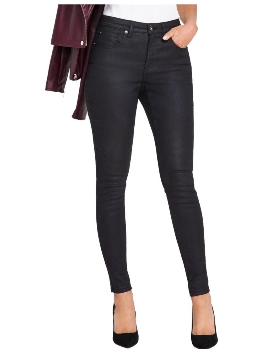I.N.C Womens Mid Rise Wax Coated Tapered Skinny Black Rayon Nylon Sz 10 30